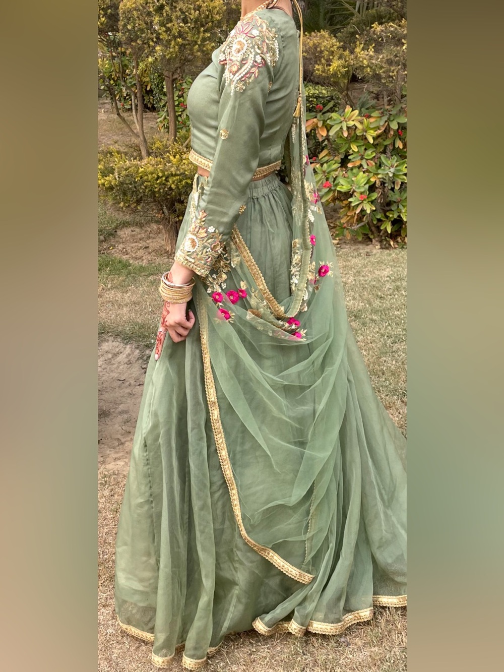 Embroidered Sage Green Lehenga with hand embroidery